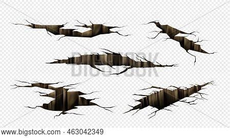 Ground Cracks, Fractures On Land Surface, Earthquake Breaks In Perspective View. Vector Realistic Se
