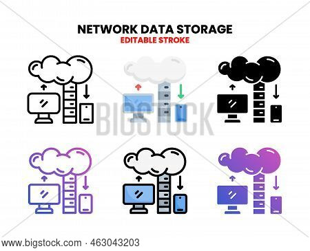 Network Storage Data Icon Set With Line, Outline, Flat, Filled, Glyph, Color, Gradient. Editable Str