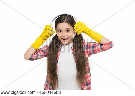 Girl Wear Headphones And Gloves For Cleaning. Instead Of Procrastinating Try Make Cleaning Little Bi