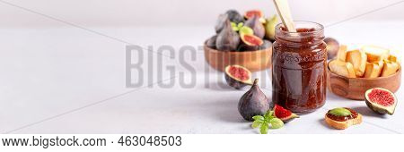 Autumn Preserves From Local Produce, Fig Jam Or Fig Marmalade On Light Grey Table With Fresh, Ripe F