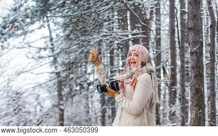 Winter Hobby. Woman Photographer Professional Camera. Inspiration Create Something Special. Girl Wit