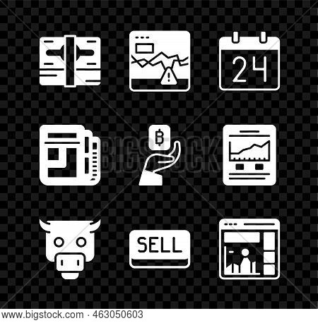 Set Stacks Paper Money Cash, Failure Stocks Market, Calendar, Bull, Sell Button, Website With Growth