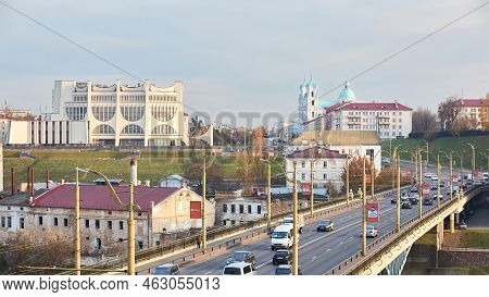 Grodno, Belarus - October 2021: Panoramic View Of Downtown Grodno Hrodna Belarus With Drama Theatre 