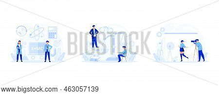 Big School Subject Or Educational Class Set. Student Studying Social And Natural Science. Modern Sch