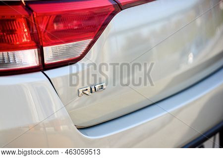 Berlin - October 2021: Grey Metallic Sedan Car 2017 Kia Rio Iv Sedan Yb Fourth Generation Back Side 
