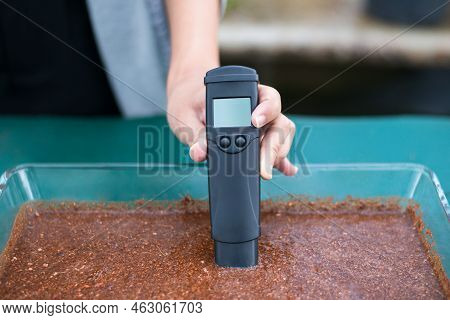 The Ec Meter Measures The Water In Which The Coconut Husks Are Soaked.