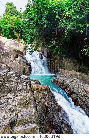 Beautiful Deep Forest Waterfall In Thailand. Deep Rain Forest Jungle Waterfall At Erawan Waterfall N