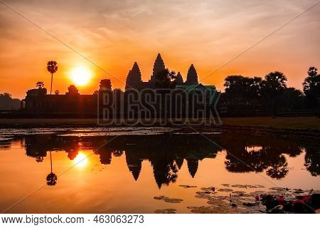 Angor Wat Temple At Sunrise In Siem Reap, Cambodia. Ancient Angkor Wat Temple In Siem Reap, Cambodia