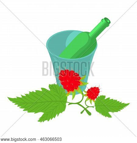Raspberry Drink Icon Isometric Vector. Raspberry Branch And Bottle In Ice Bucket. Natural Ingredient