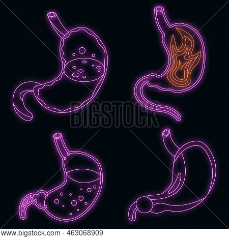 Stomach Icons Set. Isometric Set Of Stomach Vector Icons Neon On Black