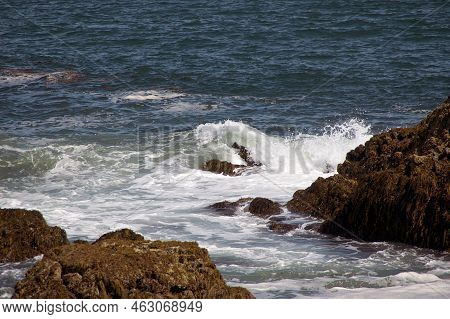 Beautiful Soft Swirling Waves Form As They Break On The Rocks In The Atlantic Ocean In Maine.