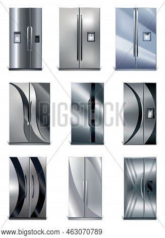 Gray Vertical Fridge Set For Preserve Food. Silver Refrigerators With Two Doors. Modern Coolers For 