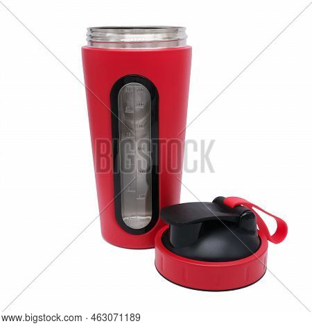 Protein Shaker Bottle With Lid Single Object Isolated On White Background Close-up Photo. Fitness Ac
