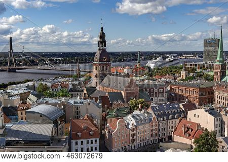 Latvia, Riga, September, 2022: Aerial View From Saint Peters Church On Riga Old Town Overlooking The