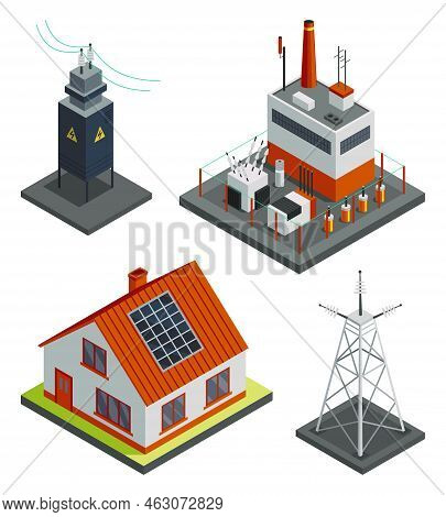 Energy Power Grid Isometric. Power Distribution With Family House, Wind And High Voltage Electricity