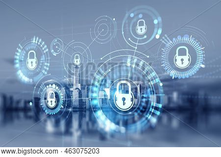 New York Skyline And Waterfront, Double Exposure Digital Cybersecurity Hud Hologram With Glowing Loc