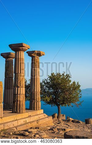 The Temple Of Athena Ruin In Assos Ancient City. The Temple In Assos Was Built In 530 Bc On The High