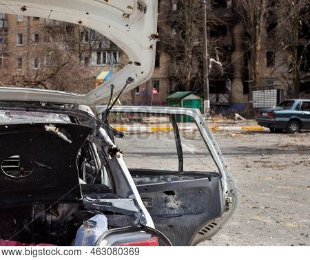 Irpin, Kyiv Region, Ukraine -  April 12, 2022: Russian Invasion Of Ukraine. Car Damaged By Russian S