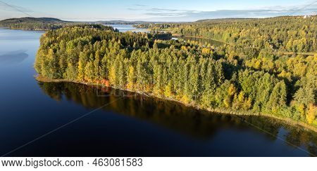 Autumn Season In The Forest In The Lake. Panoramic Aerial Drone Landscape Kuopio Finland Europe