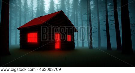 A Creepy Glowing Red Abandoned Cabin Isolated In The Niddle Of A Mysterious And Spooky Forest. 3d Il