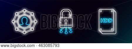 Set Line Hard Disk Drive Hdd, Project Team Base And Lock On Digital Circuit Board Icon. Glowing Neon