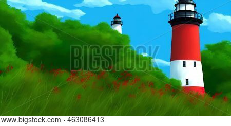 Nobska Light And Red Roof House In Woods Hole On Cape Cod, Massachusetts. American Landmark Lighthou