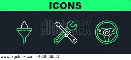 Set Line Steering Wheel, Funnel Or Filter And Motor Oil Drop And Screwdriver Wrench Tools Icon. Vect