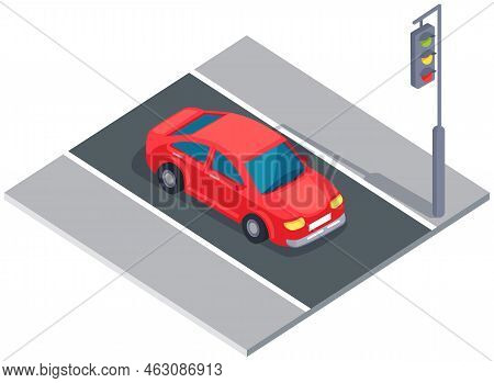Car Near Traffic Light On Street. Driver Stops In Front Of Signal Electric Lantern. Movement And Tra