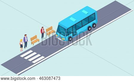 Vehicle Near Bus Stop With Passengers. Driver Of Auto Stops In Front Of Crosswalk. Blue Bus For Tran