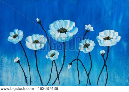Oil Painting Of Blue And White Poppies Against Blue Sky
