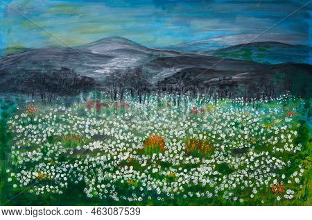 Oil Painting Of Field Of Wildflowers By Mountains