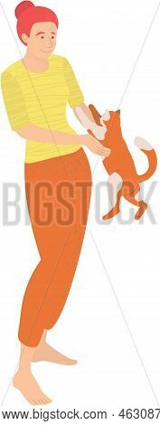 Female Pet Owner Plays With Cat. Caring For Four-footed Friend Concept. Happy Woman Holding Cute Kit