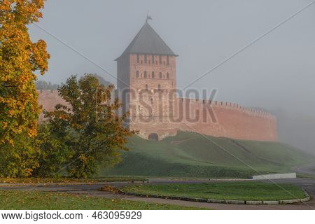 Foggy October Morning At The Palace Tower. Kremlin Of Veliky Novgorod. Russia