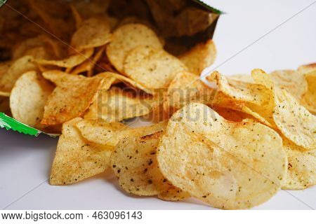 Potato Chips In Open Bag, Delicious Bbq Seasoning Spicy For Crips, Thin Slice Deep Fried Snack Fast 