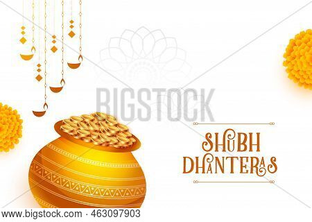 Shubh Dhanteras Festival Background With Golden Coin Kalasha And Floral Design