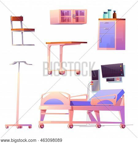 Clinic Ward Or Chamber Interior Stuff Isolated Hospital Items Bed, Life Support System, Computer, Ch