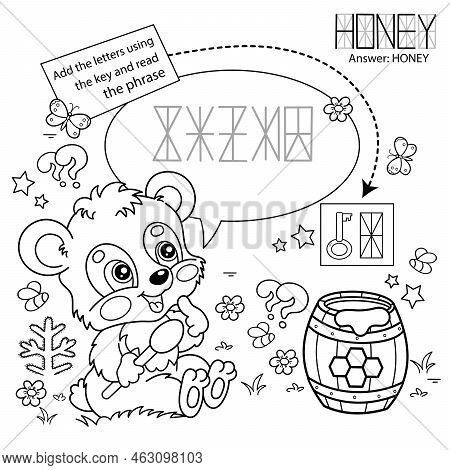 Puzzle Game For Children. Coloring Page Outline Of Cartoon Little Bear Cub With Barrel Of Honey. Col