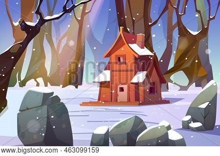 Wooden House In Winter Forest. Old Snow Swept Shack Stand In Deep Wood Surrounded With Trees And Roc