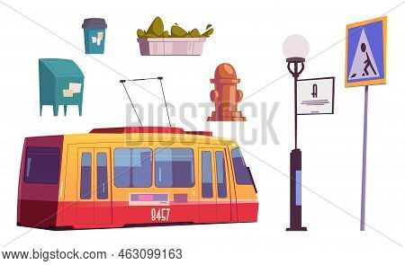 Set Of City Items Tram, Water Hydrant Or Litter Bin, Mail Box, Street Lamp With Signboard, Pedestria
