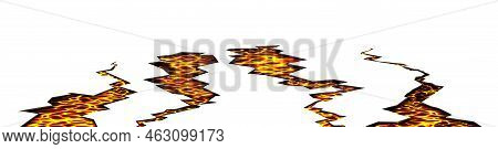 Ground Cracks With Lava, Molten Magma In Breaks On Land Surface Isolated On White Background. Vector