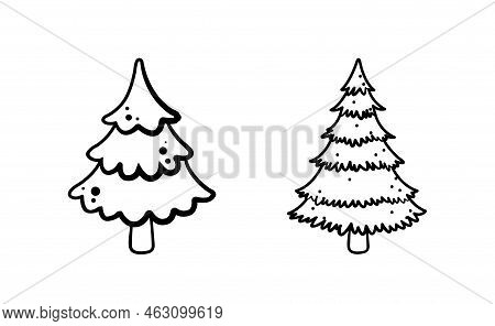 Fir Tree Black Line Icon Set. Pine Sketch Illustration Isolated On White Background. Outline Simple 