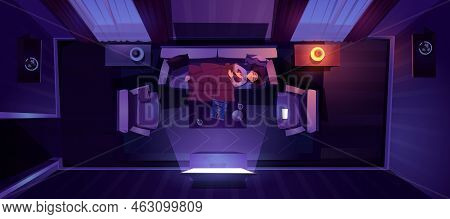 Young Man Sleeping On Sofa At Night Top View, Dormant Male Character Hugging Blanket Nap Front Of Tv