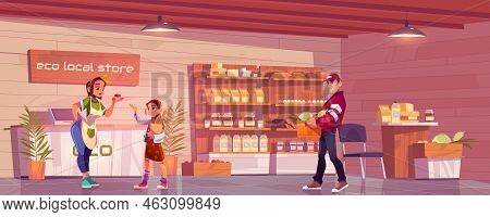 Local Eco Store With Customer, Saleswoman And Porter. Woman Owner Giving Cupcake To Little Girl Hold