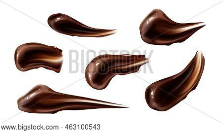 Chocolate Strokes, Brown Liquid Smears, Ganache Sauce Or Syrup Stains And Melt Smudges Isolated On W