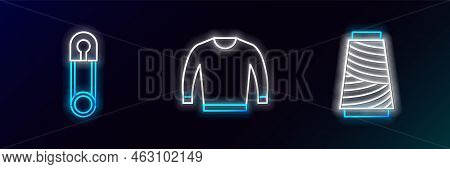 Set Line Sewing Thread On Spool, Classic Closed Steel Safety Pin And Sweater Icon. Glowing Neon. Vec