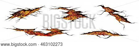 Lava In Ground Cracks, Volcano Magma Glow Texture In Cracking Holes, Ruined Land Surface. Destructio