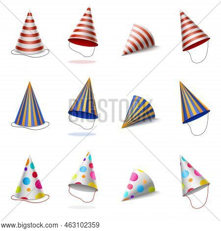 Party Hats, Birthday Colorful Caps With Stripes And Polka Dots Pattern, Carton Cones For Bday Or Ann