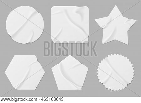 White Stickers Or Patches Mockup. Blank Shrunken Labels Of Different Shapes Round, Square, Star, Pen