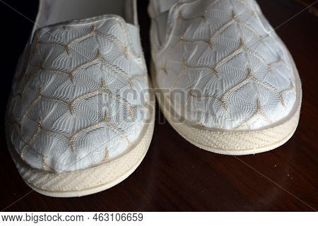 Women\'s Summer Shoes Made Of Natural Woven Fabric With White Flat Soles. White Light Fashionable An