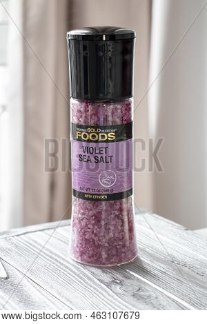 Irpen, Ukraine, September 23 20222, California Gold Nutrition Foods Violet Sea Salt Grinder, Illustr